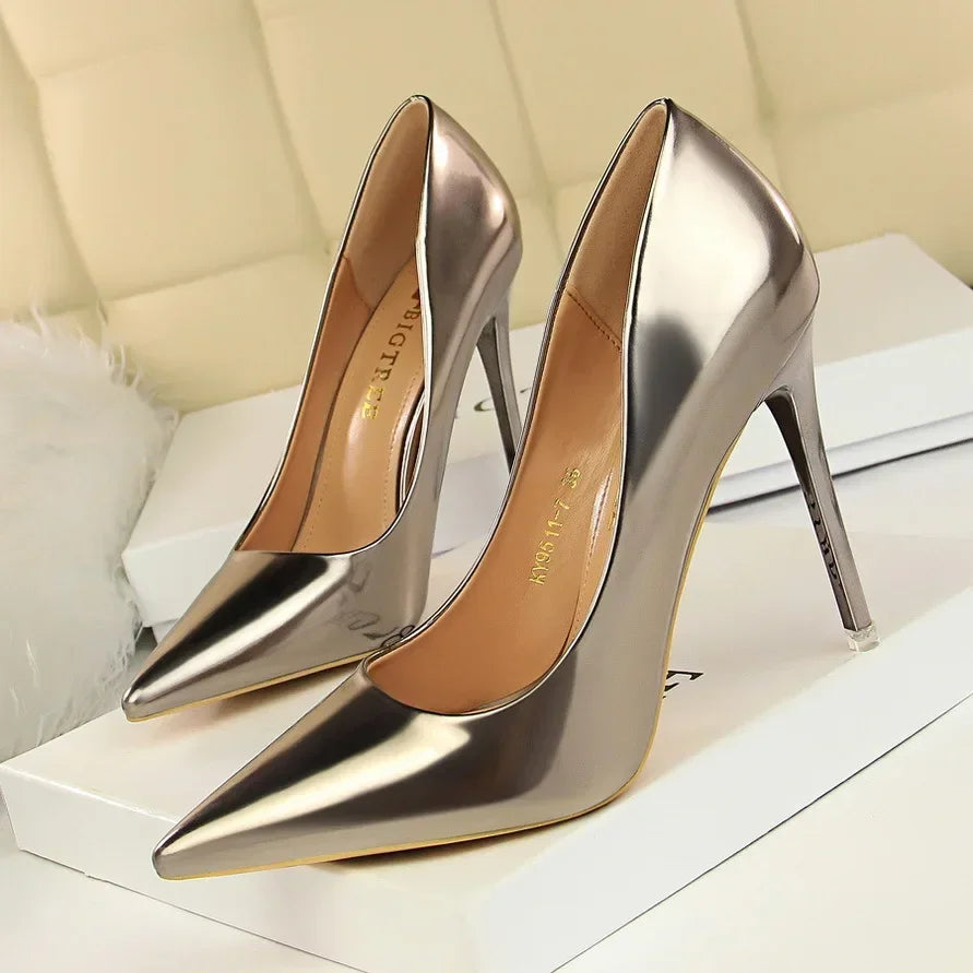 Fashion Spring Autumn Women High Heels Slip On Patent Leather 7.5CM Thin Heels Mature Women Modern Middle Heels Dress Shoes