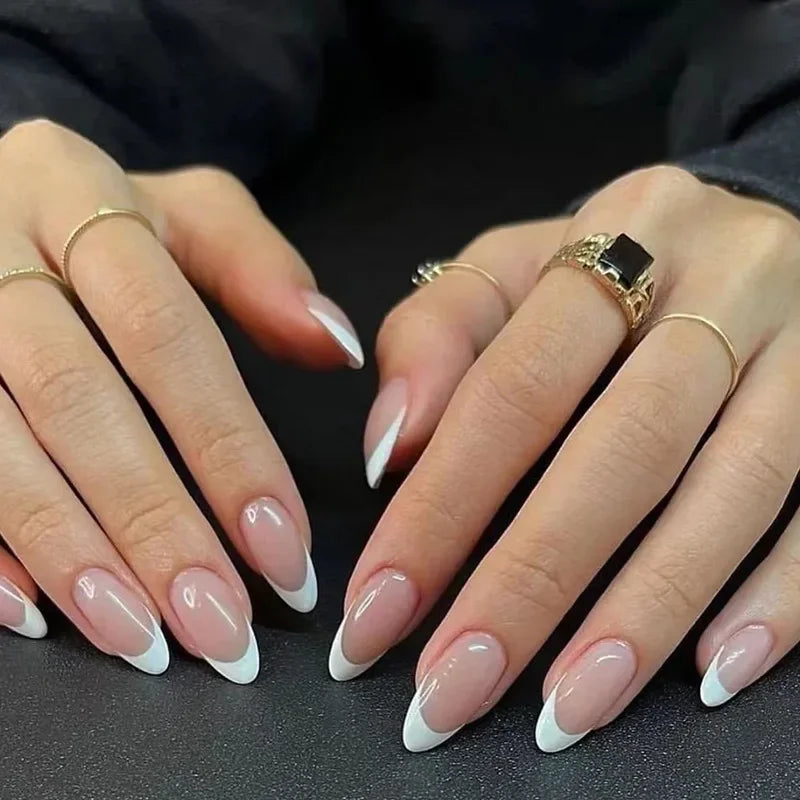 24Pcs Almond False Nails Cute Strawberries with French Design Simple White Wearable Fake Nails Decoration Press on Nail Tips Art
