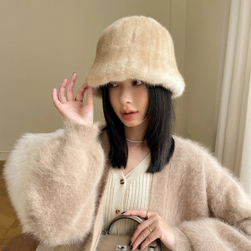 Women In Winter Warm Real Fur Mink Temperament Fisherman Cap Mink Fur Hat Thicken Warm Ear Protection Fashionable Basin Hat