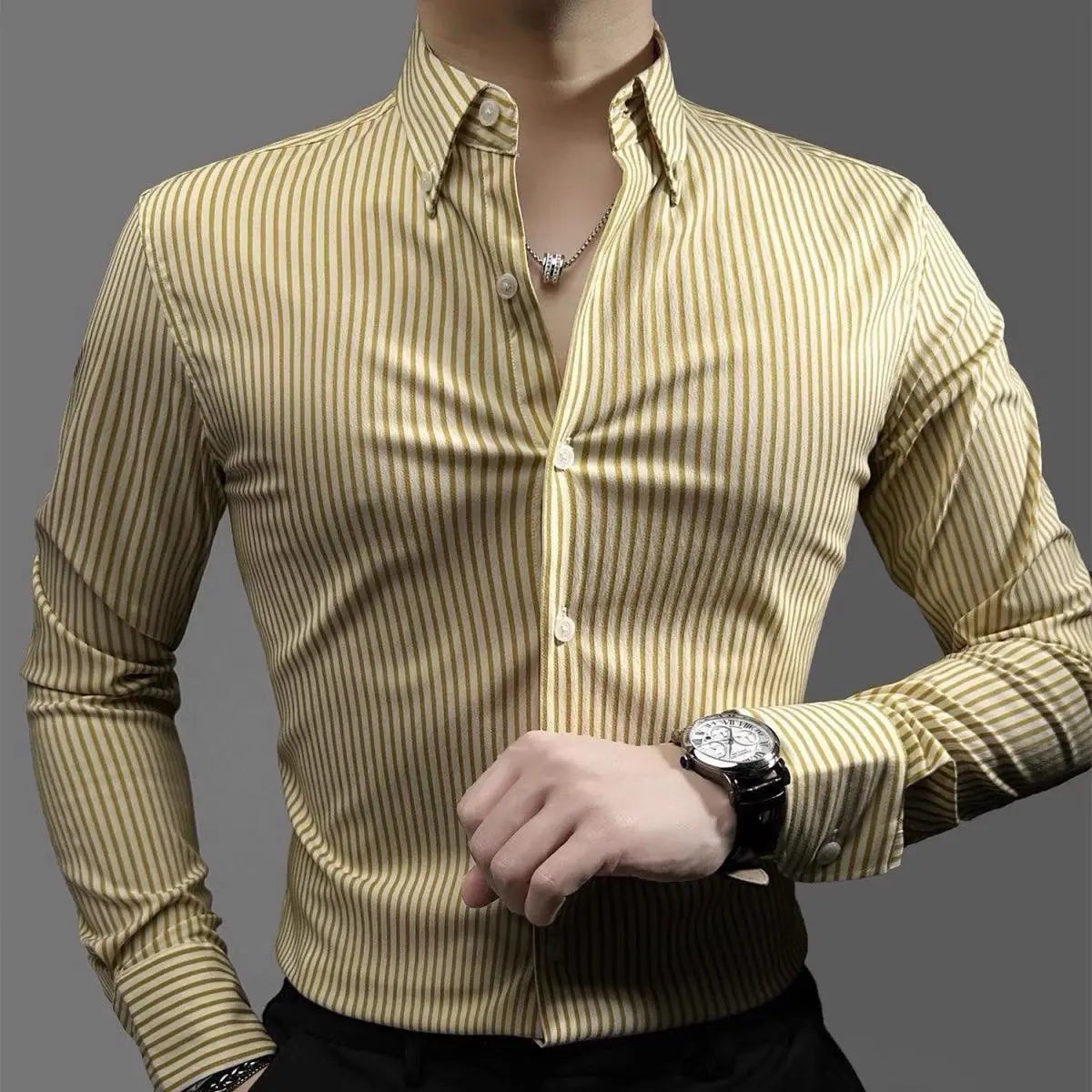 Striped Long Sleeved Shirt for Men New High-end Stylish Business Casual Light Luxury Versatile Handsome and Slim Fit Shirt