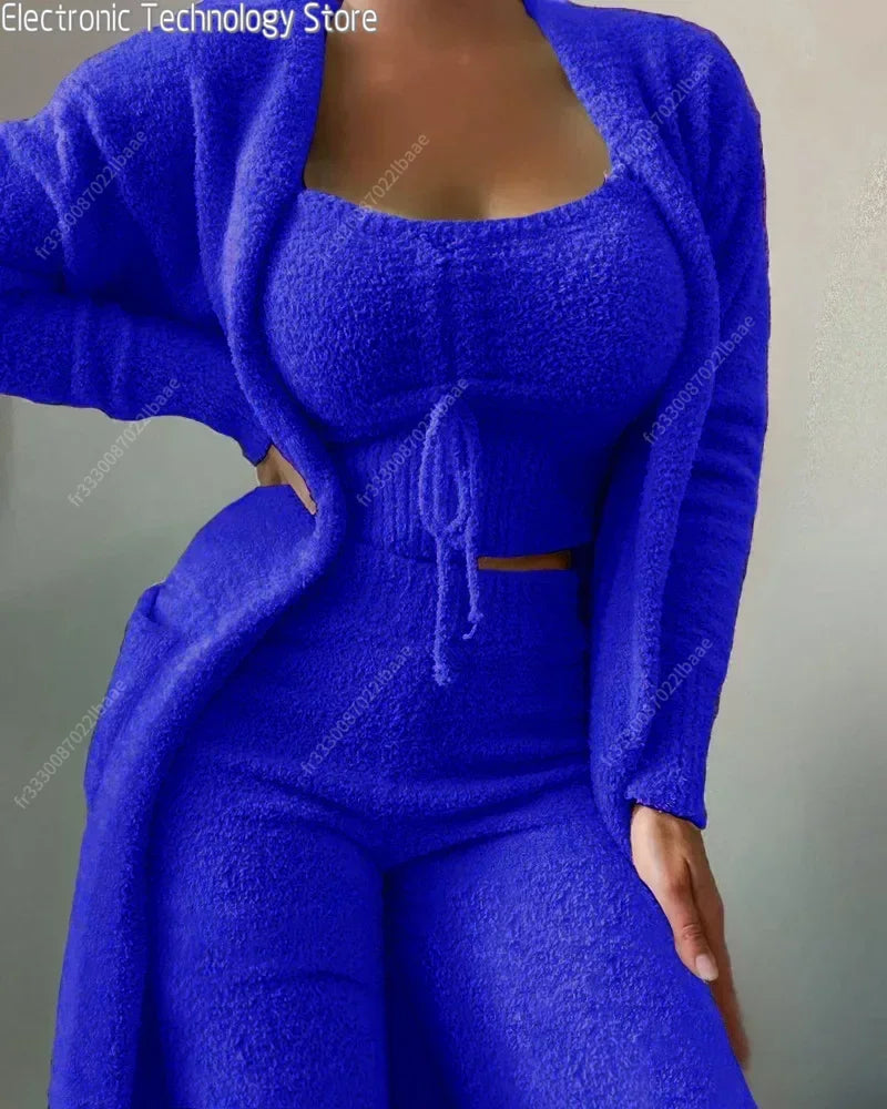 2024 New Autumn Winter Women's Velvet Pajamas Set Crop Top+Long Pants+Coat 3 Pieces Suit Warm Soft Fleece Homewear Pyjamas S-3XL