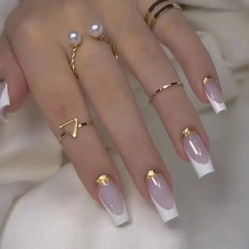 24pcs Mid-length Simple Smudged False Nails Wearable French Ballerina Fake Nails Full Cover Nail Tips Set Press On Nails