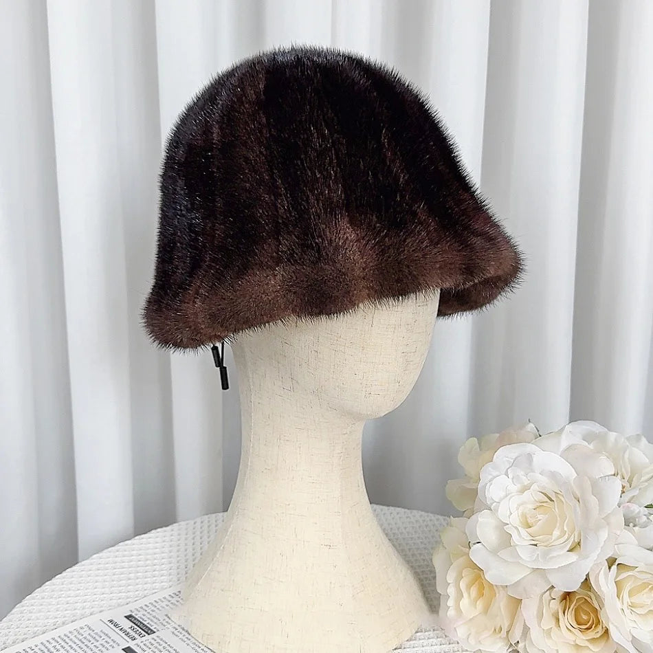 Women In Winter Warm Real Fur Mink Temperament Fisherman Cap Mink Fur Hat Thicken Warm Ear Protection Fashionable Basin Hat