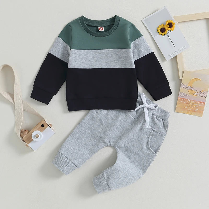 Toddler Baby Boy Fall Winter Clothes Color Block Long Sleeve Sweatshirt Pullover Top Pants Sweatsuit Set Outfits 0-3T