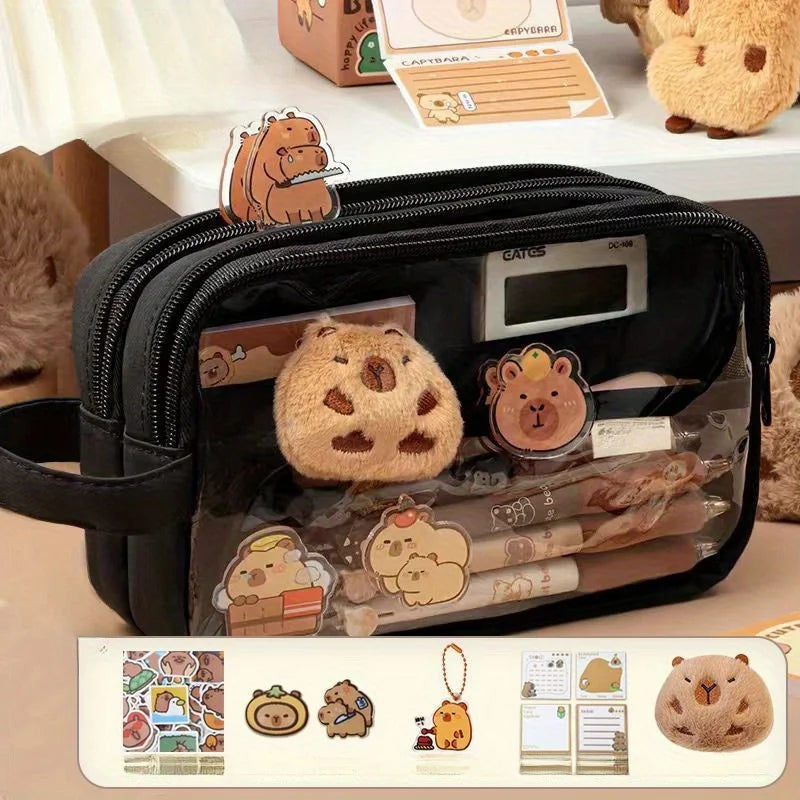 Cute Capybara Pencil Case with Lock - Aesthetic Kawaii Canvas Pouch, Clear School Supplies Organizer with Compartments, Includes