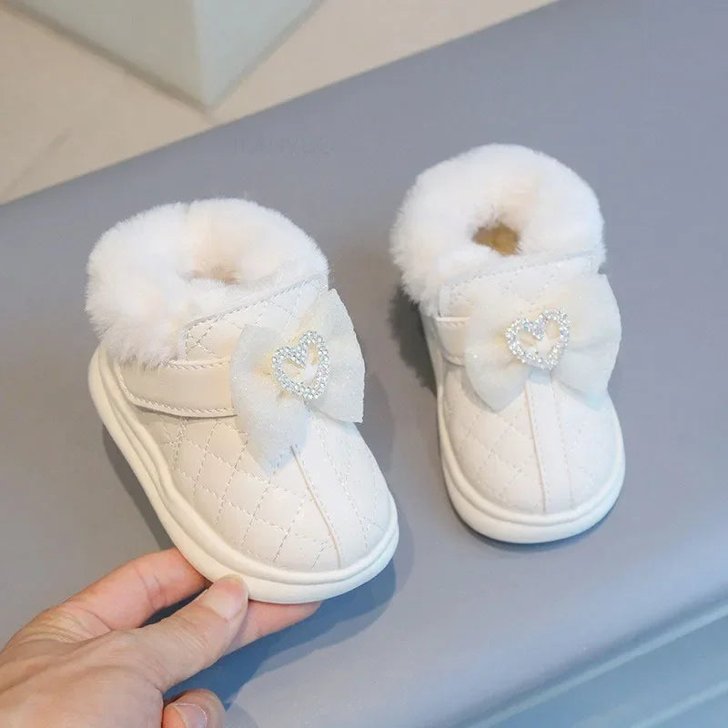 Winter Girl Baby Warm Cotton Boots Fashionable Bow Love Diamond Infant Kids Walking Shoes Cute Waterproof Boy Children Snow Boot