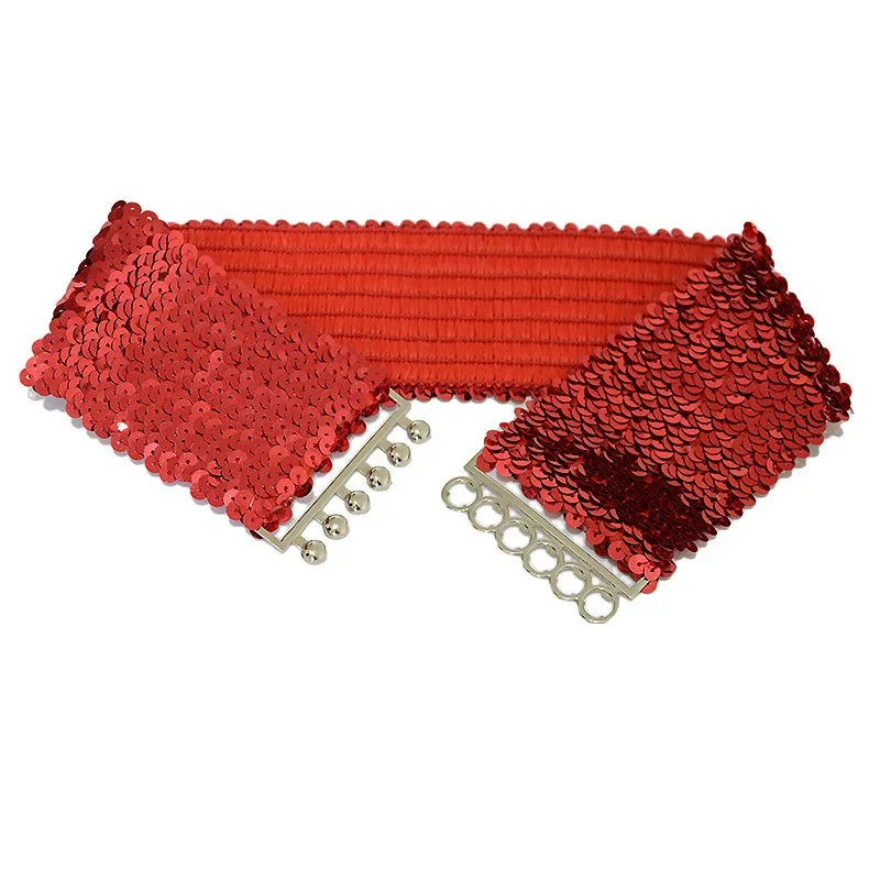 Sequin Elastic Glitter Belt Women's Corset Wide Waist Belt Metal Buckle Waistband Decorative Corset Strap Party Dress Accessorie