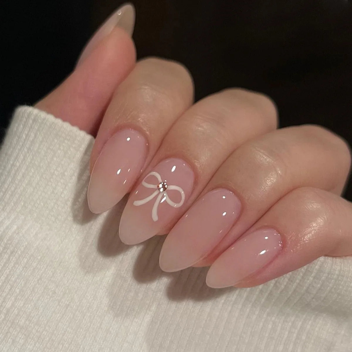 24Pcs Mid-length False Nails with Almond Head Design Brown Gold Lines Fake Nails Oval Wearable French Press on Nail Tips