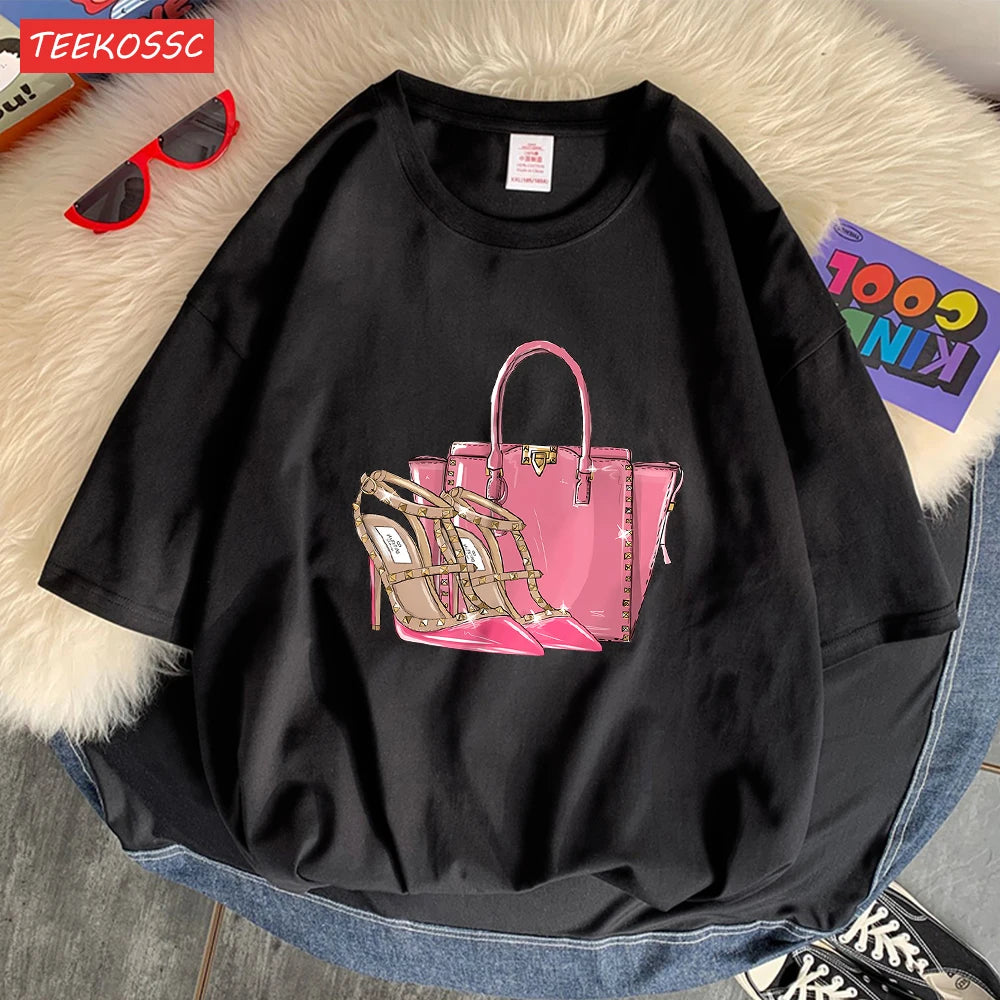 Fashionable Bags And Pink High Heels Print Men Tees Graphic Art T-Shirts High-Quality Cotton Tee Shirt Cotton Loose Clothing