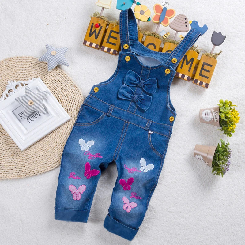 IENENS Baby Girls Overalls Kids Trousers Denim Dungarees Embroidery Butterfly Pants Toddler Infant Jumpsuit 0-4 Years Clothes