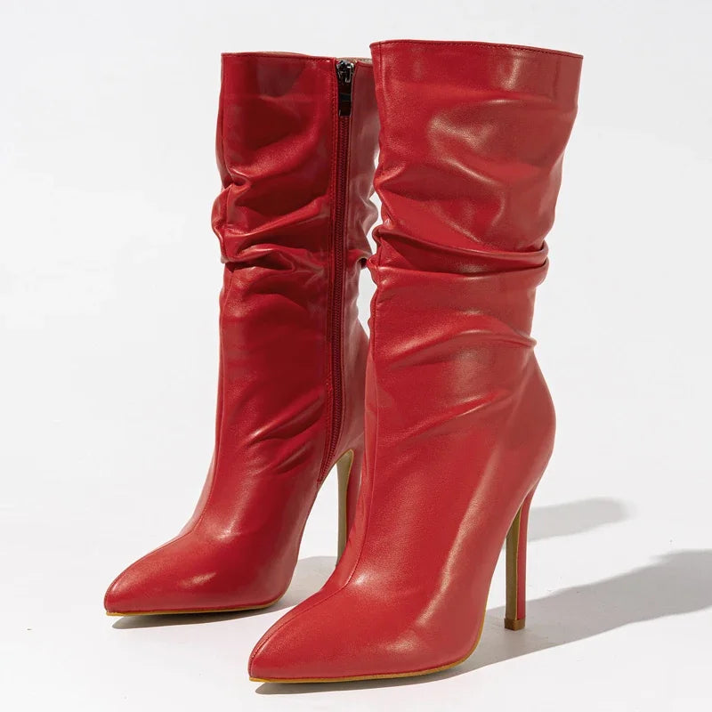 Aneikeh Fashion PU Pleat Ankle Boots Women Autumn Winter Concise Pointed Toe Thin High Heels