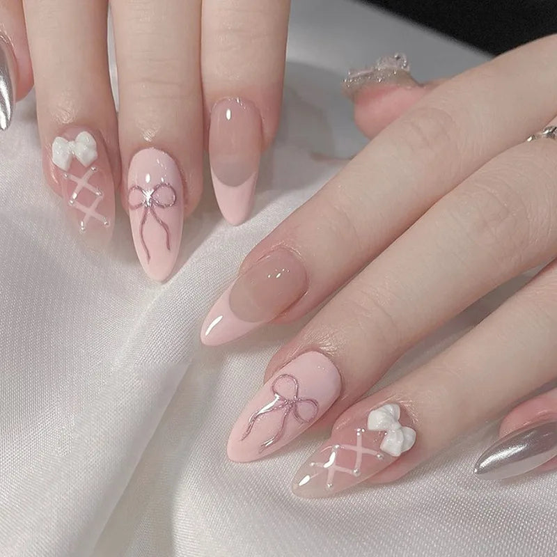 24Pcs Mid-length False Nails with Almond Head Design Brown Gold Lines Fake Nails Oval Wearable French Press on Nail Tips