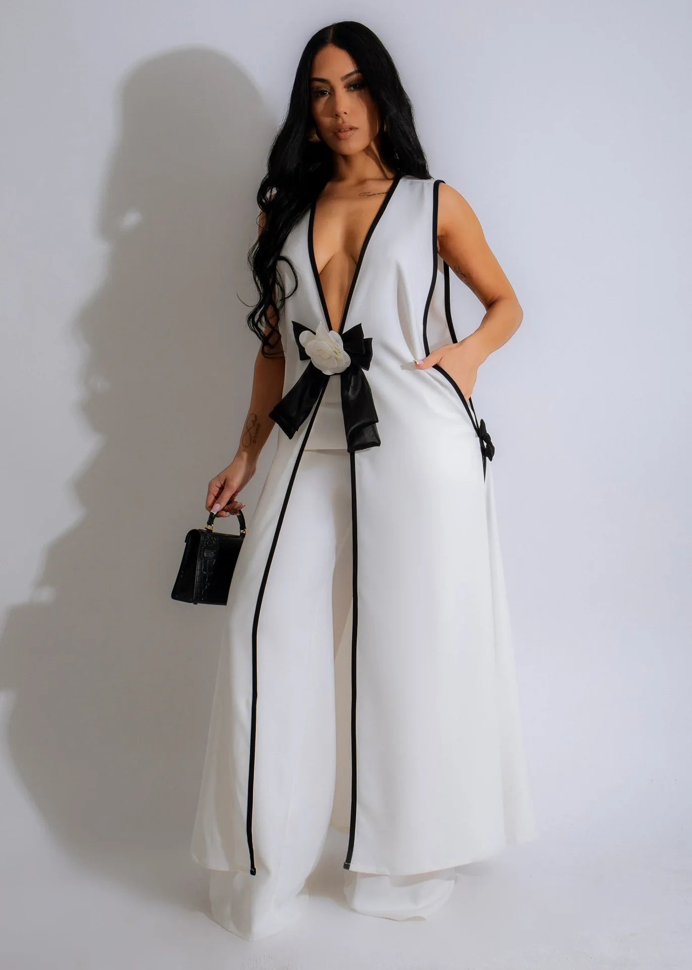 3D Flower Sleeveless V-neck X-long Shirt Coats + Wide Leg Pants Fashion