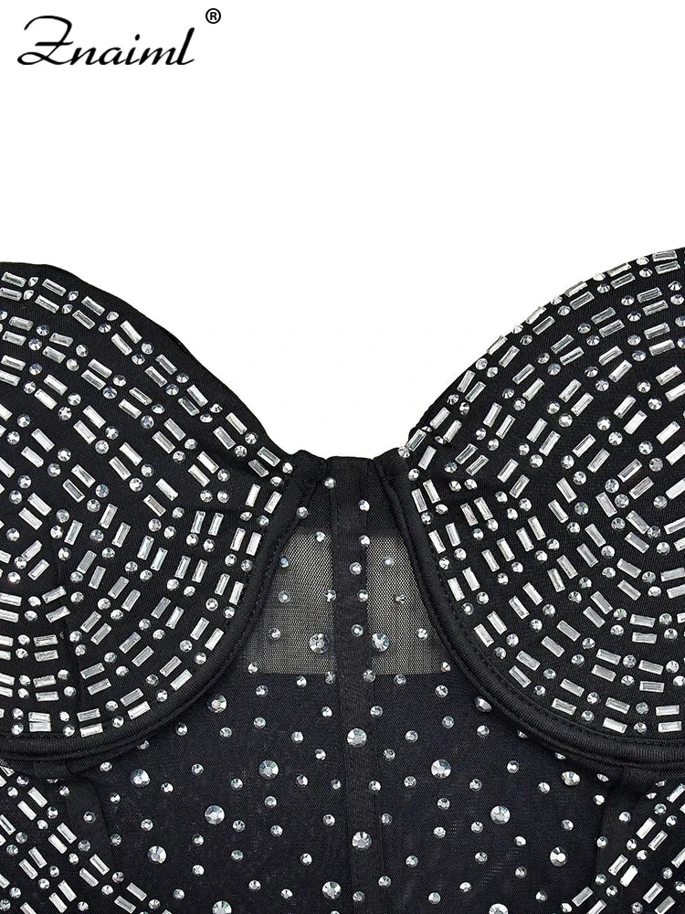 Luxury Sparkly Crystal Diamonds Mesh Sheer Spaghetti Strap Bodycon