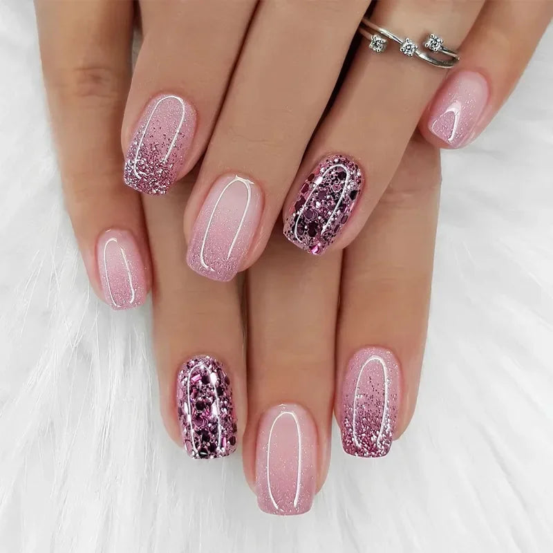 24Pcs Sweet Cool Press on Nails Short Square False Nail Gradient Glitter Line Fake Nails Full Cover Glossy Acrylic Manicure Nail