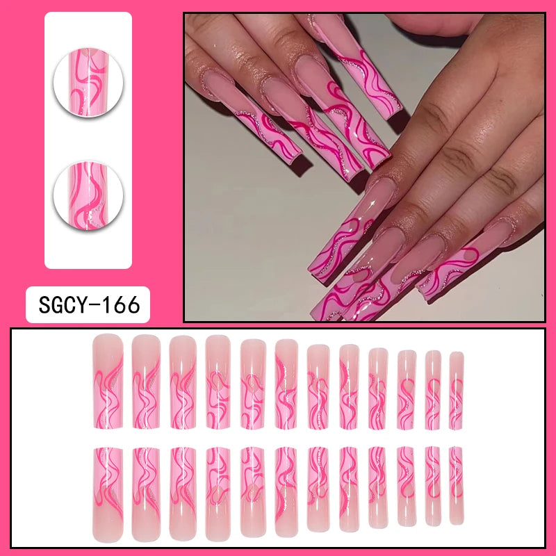 24 Pieces of Extra Long Coffin Shaped French&irregular Lines with Sparkling Pink Gloss Fake Nails&1 Nail File and 1 Jelly Sheet