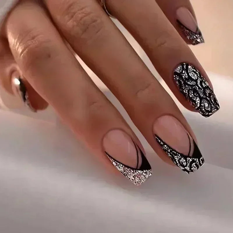 24Pcs Short Square French False Nails with Flower Shiny White Edge Design Pink Glitter Fake Nails Full Cover Press on Nails Tips