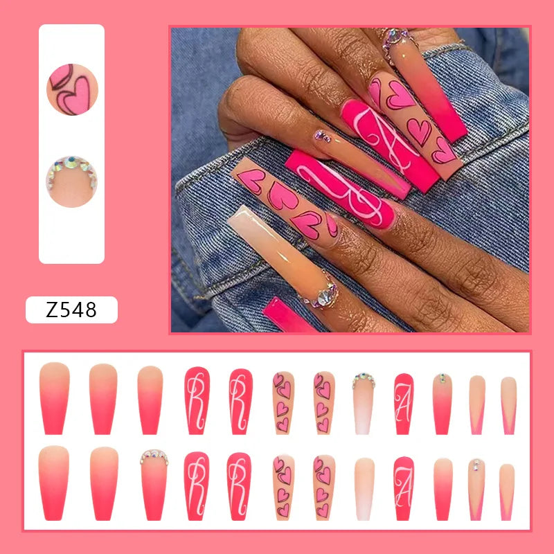 24pcs Artifical Fake Nails Long Coffin French Ballerina Wearable False Nail Tips Finished Rhinstones Flower Design Press on Nail