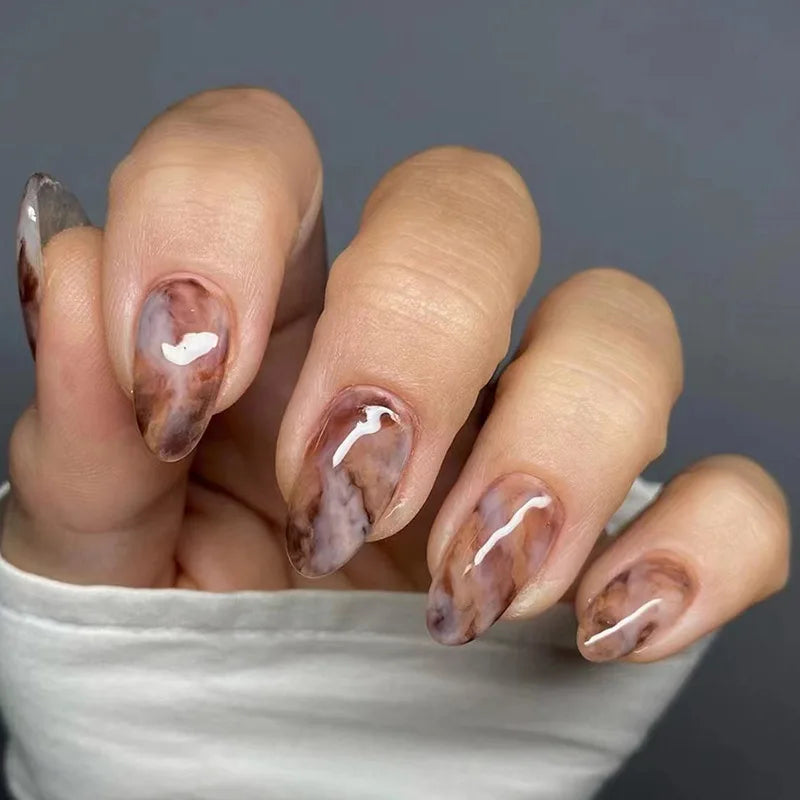 24Pcs Mid-length False Nails with Almond Head Design Brown Gold Lines Fake Nails Oval Wearable French Press on Nail Tips