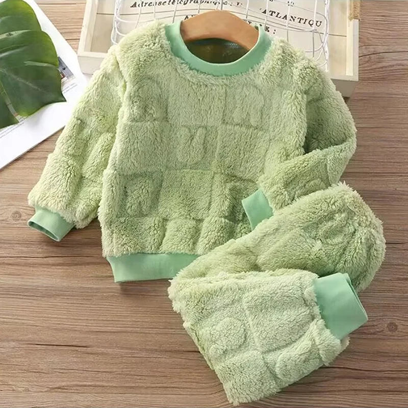 Children's autumn and winter flange pajamas suits Korean version boys plus velvet thick home service girl warm underwear suit