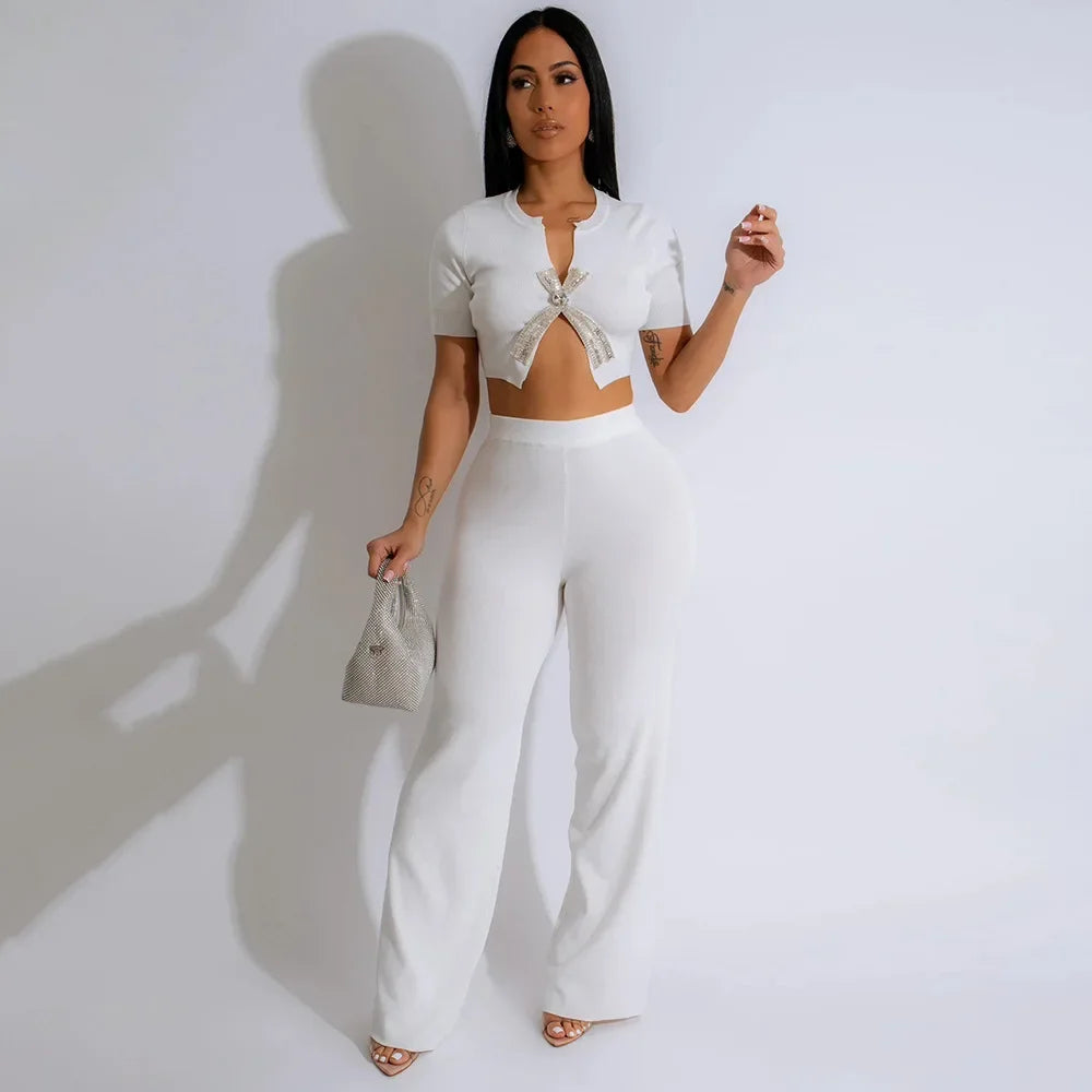Women's Short Sleeve Diamonds Bowknot O-neck Tops +Wide Leg Pants Suits