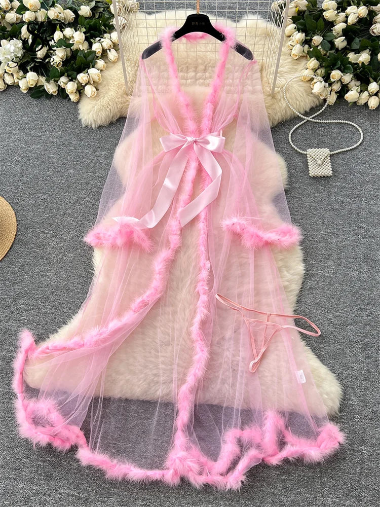 SINGREINY Transparent Gauze Spliced Wool Long Robes Sleepwear Women Lace Up Long Sleeve Robes Fashion Sheer Sexy Cardigan Robes