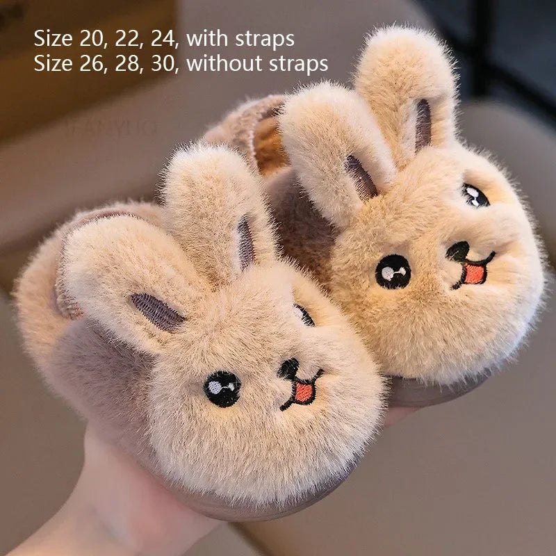 New Winter Rabbit Girls Cotton Slippers Cute Cartoon Anti Slip Soft Bottom Boys Plush Slippers Fashionable Warm Baby Strap Boots