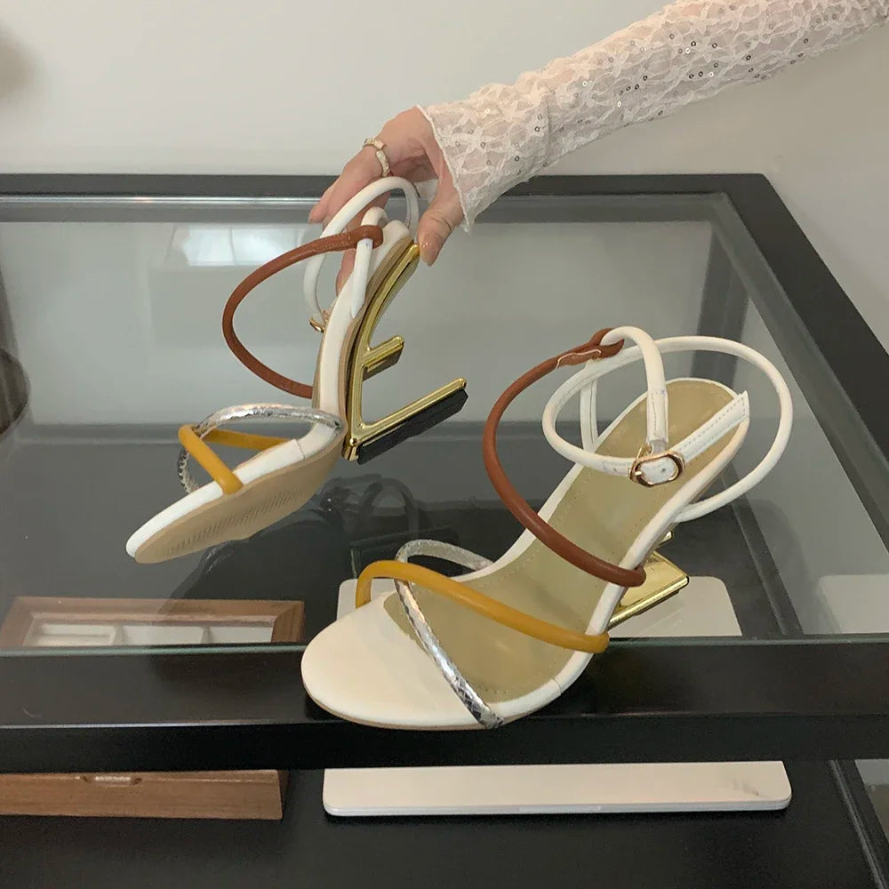 Aneikeh Summer Fashion Fretwork Heels Cross Striped Color Blocked High-heeled Sandals