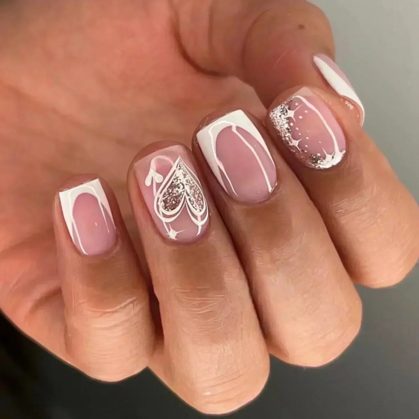 24Pcs Short Square French False Nails with Flower Shiny White Edge Design Pink Glitter Fake Nails Full Cover Press on Nails Tips