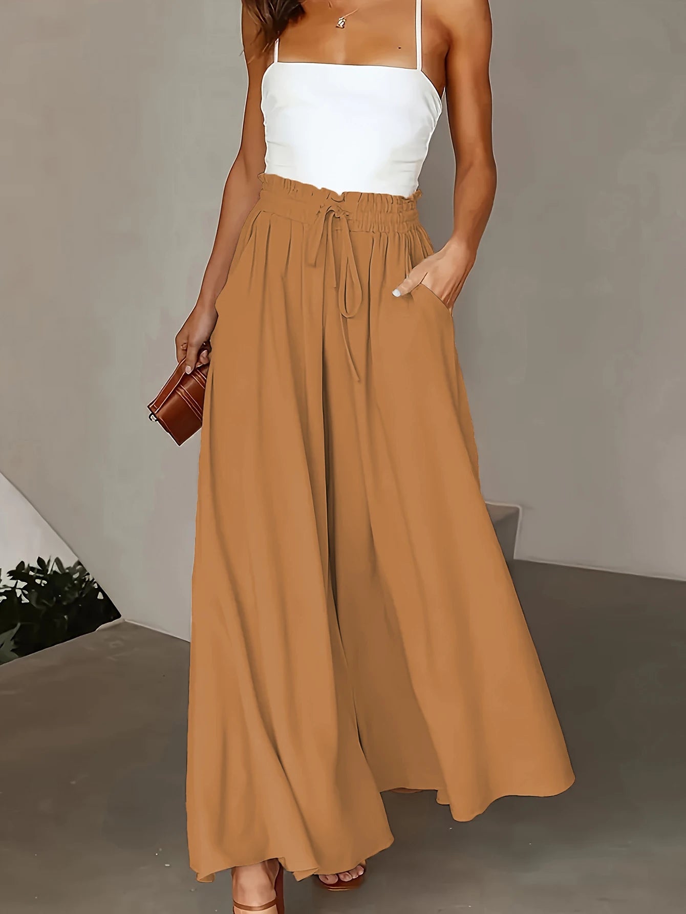 Plus Size Wide Leg Pants Comfortable Slight Stretch FabricElegant Solid Color Design Po cket DetailsDrawstring Elastic Wai