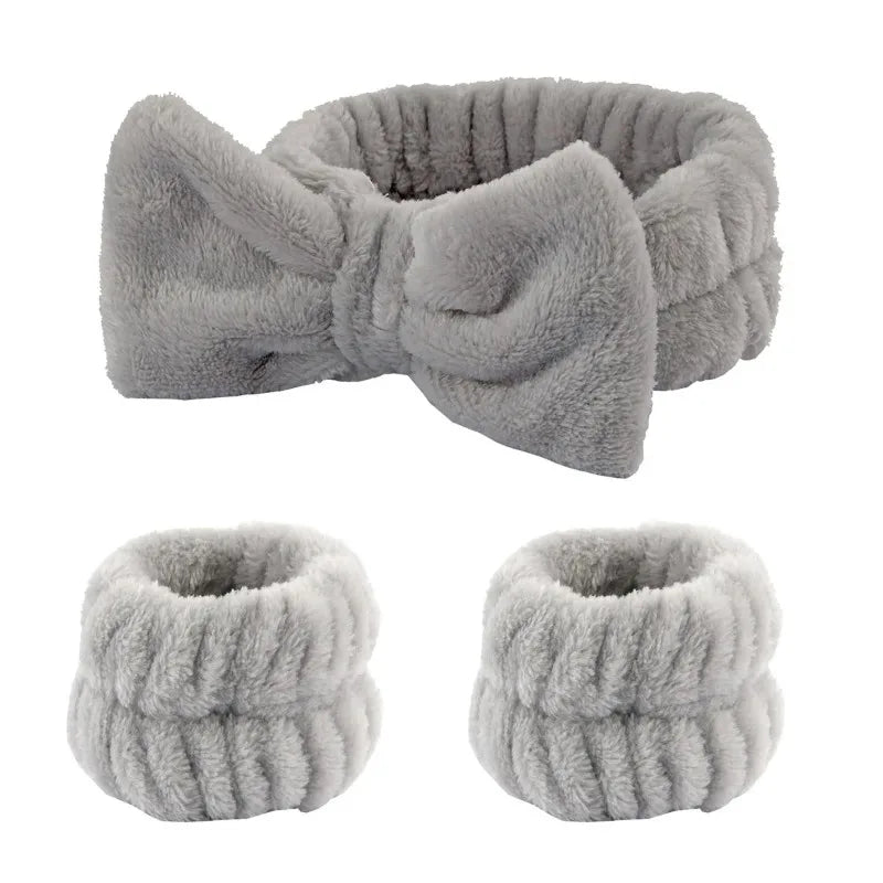 Spa Headband with Wrist Towels for Face Washing Set Elastic Bow Headbands with Highly Absorbent Wristbands for Shower Skincare