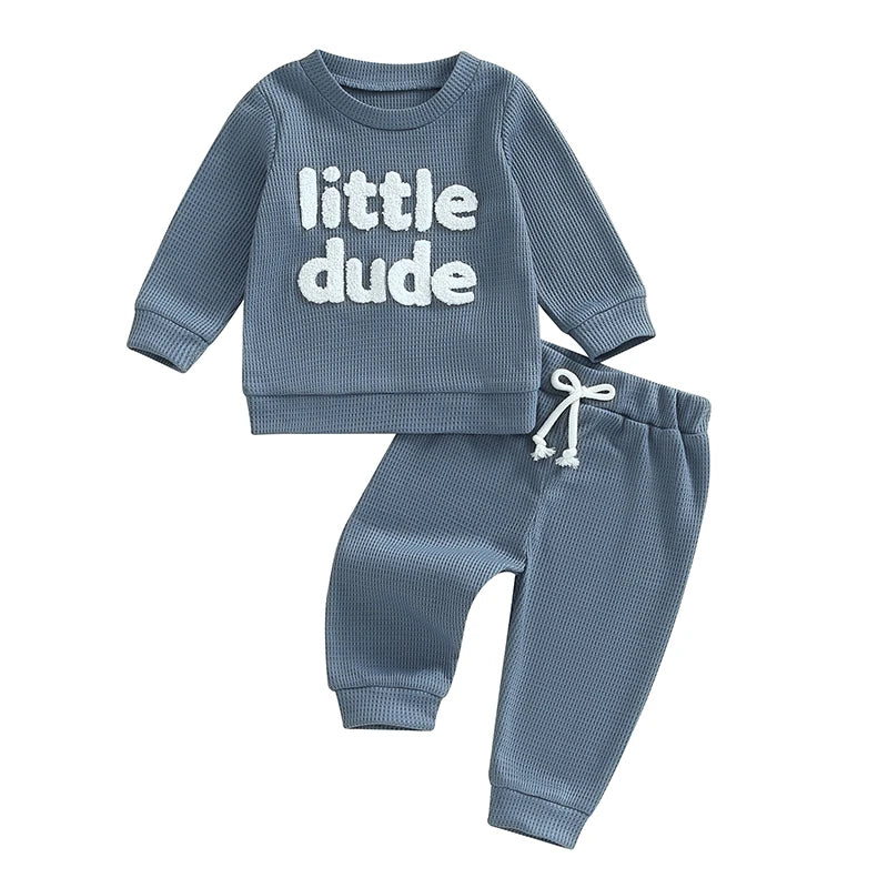 Toddler Boy Girl Waffle Outfit Letter Embroidery Long Sleeve Sweatshirt with Elastic Waist Solid Pants Set