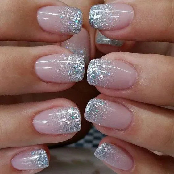 24Pcs Sweet Cool Press on Nails Short Square False Nail Gradient Glitter Line Fake Nails Full Cover Glossy Acrylic Manicure Nail