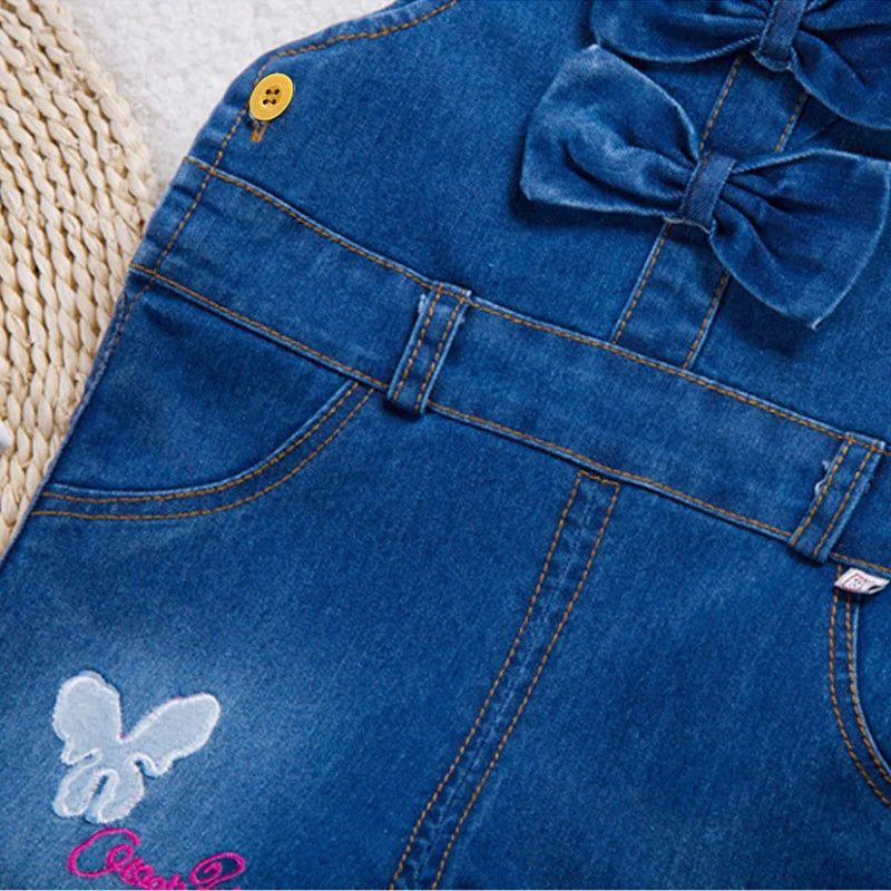 IENENS Baby Girls Overalls Kids Trousers Denim Dungarees Embroidery Butterfly Pants Toddler Infant Jumpsuit 0-4 Years Clothes
