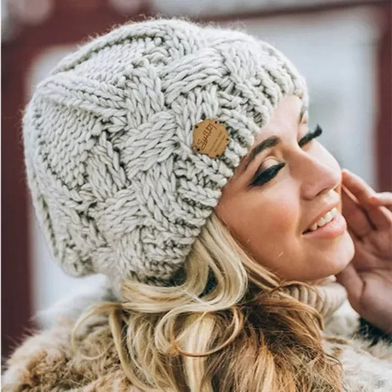 Solid Knitted Beanies Caps for Women Warm Cashmere Wool Skullies Beanies Female Thick Knitted Hats Autumn Winter Warm Cap