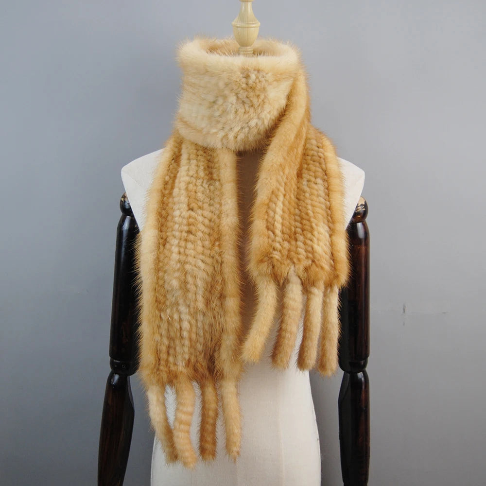 2025 Luxury Women Muffler 100% Real Mink Fur Scarf With Tassel Hand Knitted Natural Mink Scarves Neck Warmer Poncho Wholesale