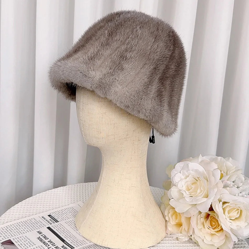 Women In Winter Warm Real Fur Mink Temperament Fisherman Cap Mink Fur Hat Thicken Warm Ear Protection Fashionable Basin Hat