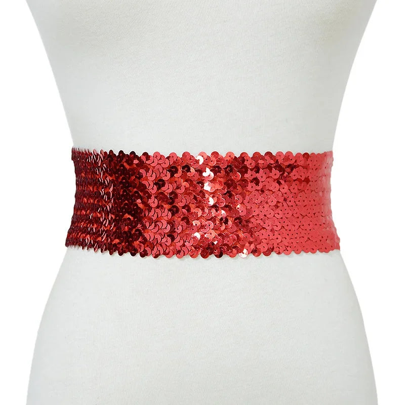 Sequin Elastic Glitter Belt Women's Corset Wide Waist Belt Metal Buckle Waistband Decorative Corset Strap Party Dress Accessorie