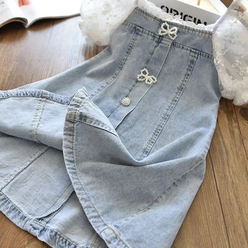 Children Girls Beads Lace Sleeve Denim Dress Toddler Fashion Summer Dresses