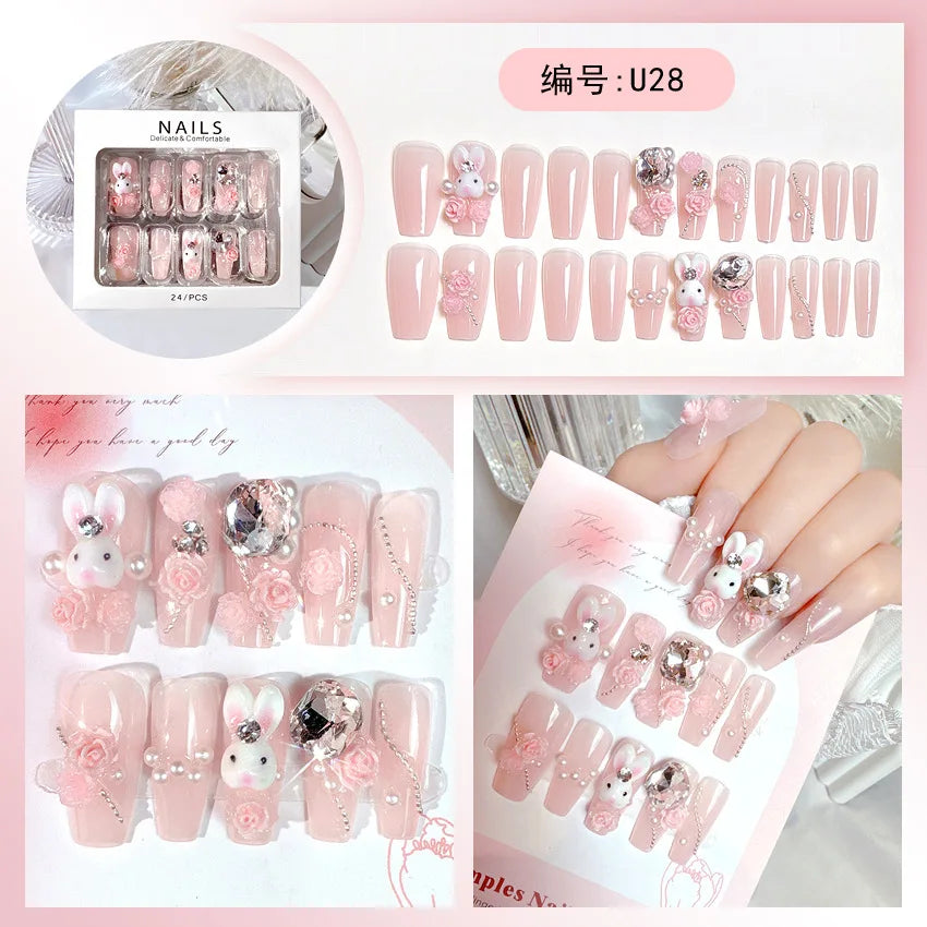 24pcs Luxury Mid-Long Ballet False Nails Set Glittering Rhinestone+Handmade Flowers Press-on Fake Nail Glossy Patch For Bridal