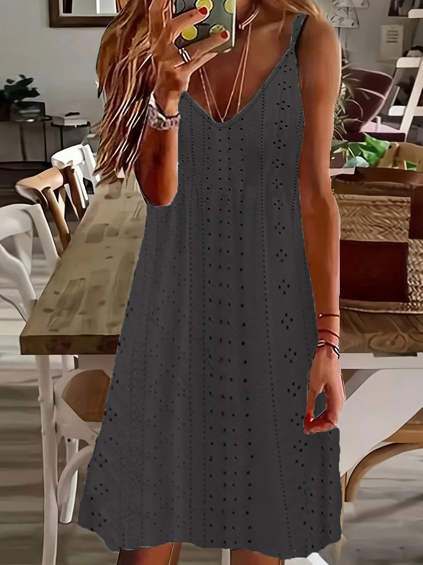 Plus Size Women's Summer New Cutout Jacquard V-Neck Strap Solid Color Dress