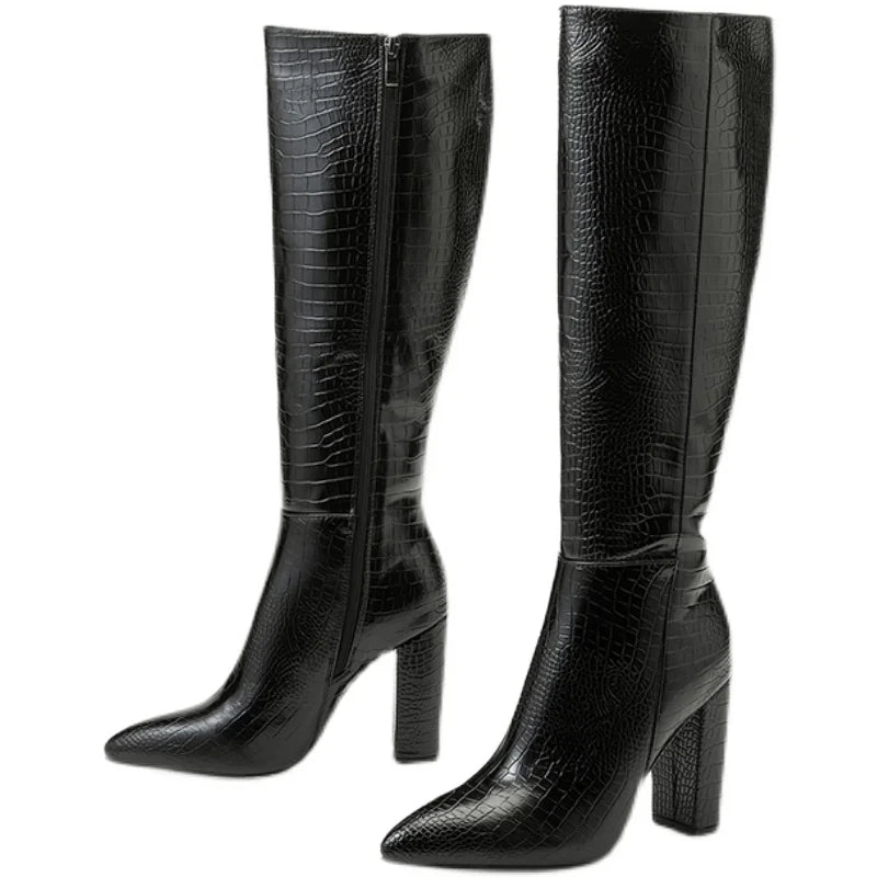 Aneikeh Women's Pointed Thick Heels Knee Long Boots 2025 Spring/Autumn Patent Leather Crocodile Pattern Panel Side Zipper Boots
