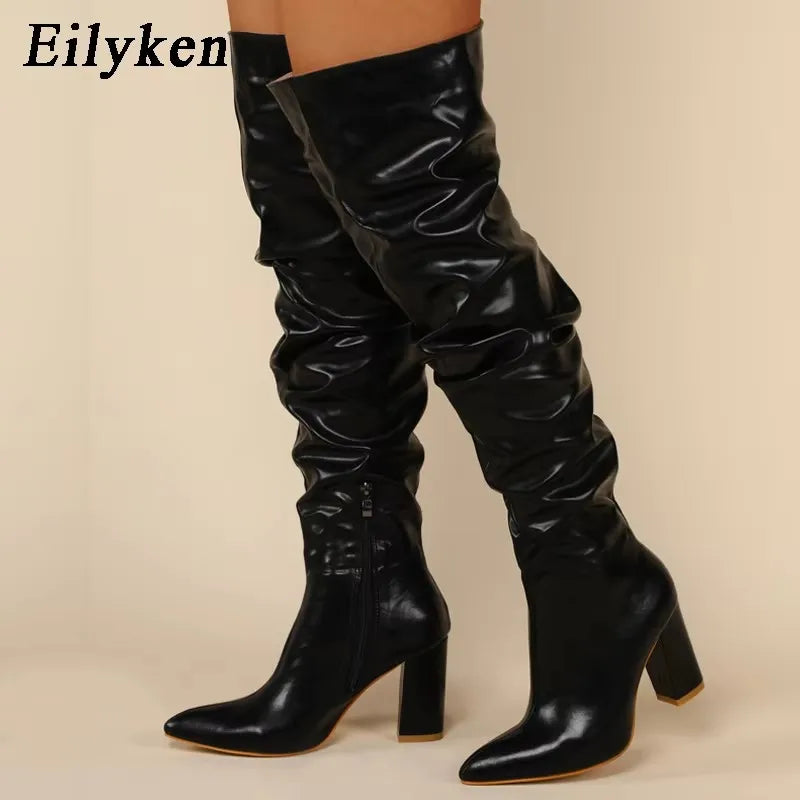 Winter Women Over-the-Knee Boots Punk Style Square High Heel Zipper Shoes