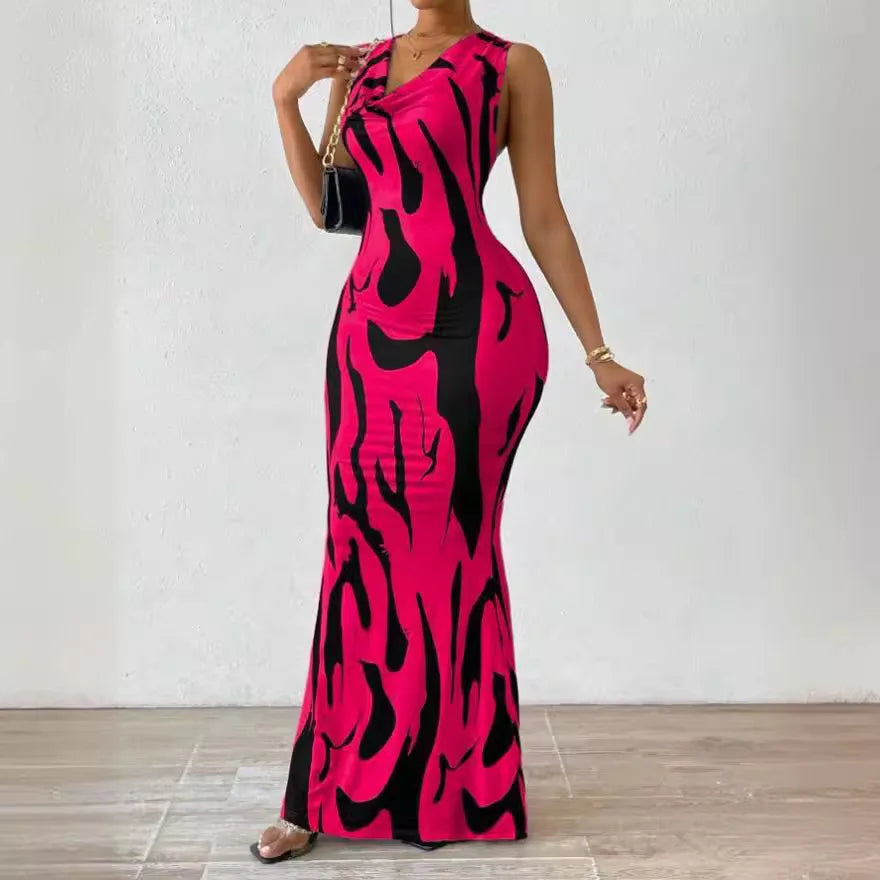 Women Print Dress Sleeveless Splice Slim Fit Long Dresses Midi Waist Wrap Hip