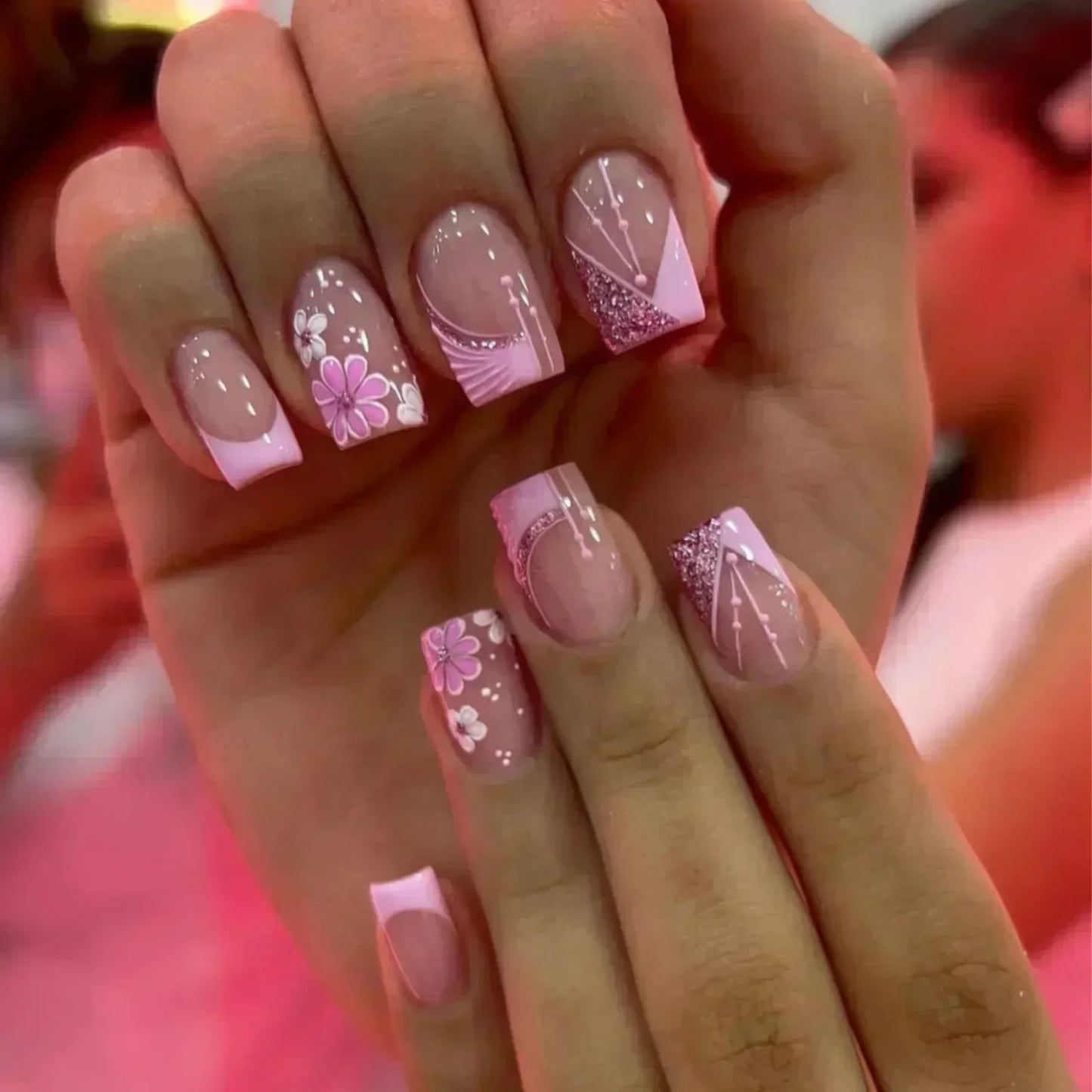 24Pcs Short Square French False Nails with Flower Shiny White Edge Design Pink Glitter Fake Nails Full Cover Press on Nails Tips