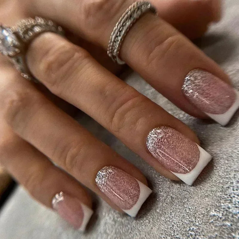 24Pcs Short Square French False Nails with Flower Shiny White Edge Design Pink Glitter Fake Nails Full Cover Press on Nails Tips