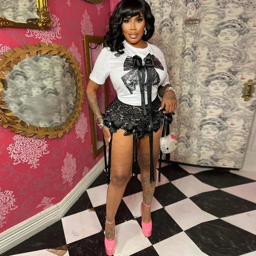 Bow O-Neck short sleeve Tops and lace Shorts Suits Streetwear m 2025