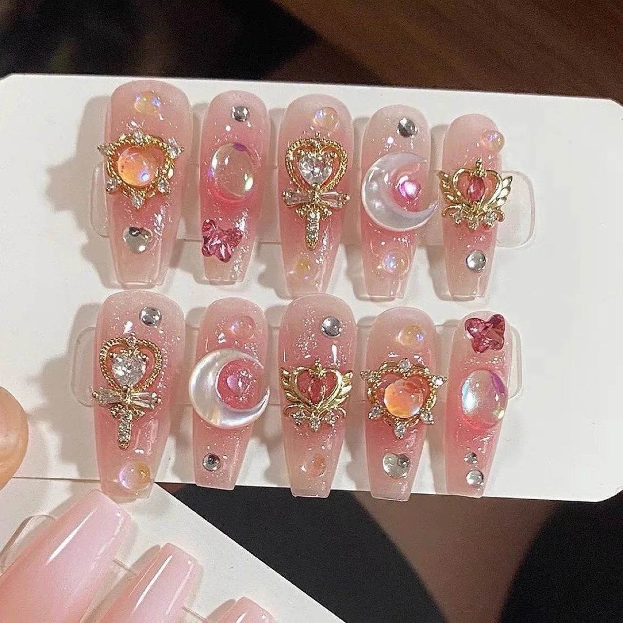 10Pcs Blue Handmade Press on Nails False Nails 3D Ocean Flower Full