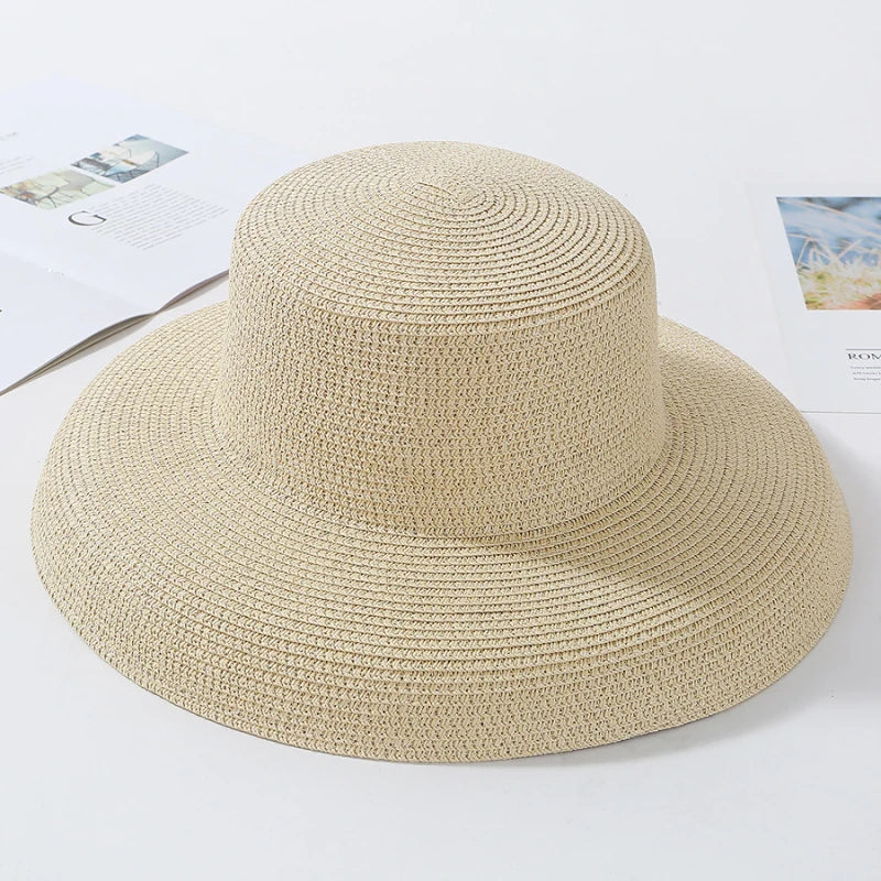 2024 New Summer Sun Hats Ladies Solid Plain Elegant Wide Brim Hat Female Round Top Panama Floppy Straw Beach Hat Women лето