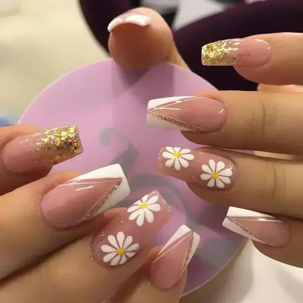 24Pcs Short Square French False Nails with Flower Shiny White Edge Design Pink Glitter Fake Nails Full Cover Press on Nails Tips